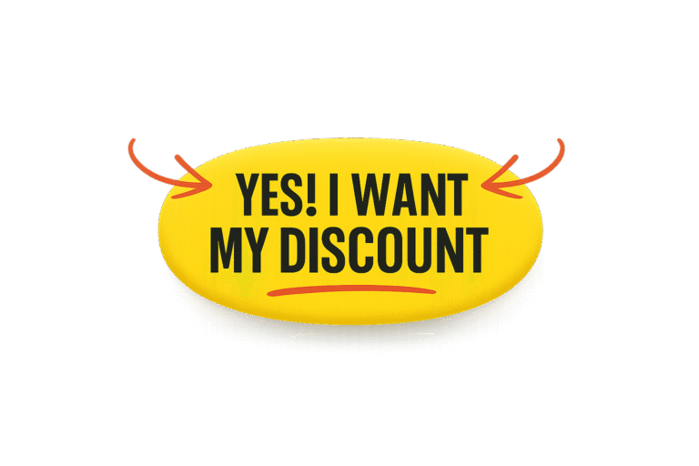 Yellow call-to-action button with the text "YES! I WANT MY DISCOUNT" and red arrows pointing to it.